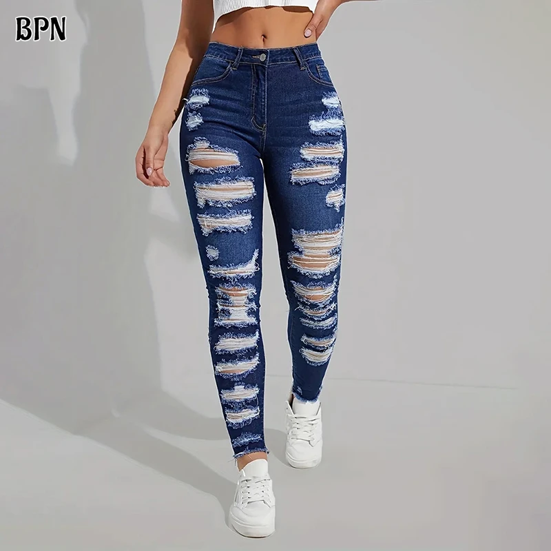 BPN Streetwear Holes Jeans For Women High Waist Patchwork Pockets Casual Slimming Soild Denim Pants Female Fashion Clothicng New