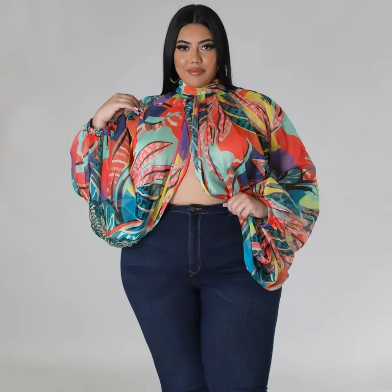 

KEXU Plus Size Fashion Gradient Printed Batwing Long Sleeve Front Split See Though Loose Women Blouse Sexy Party Club Shirt Tops