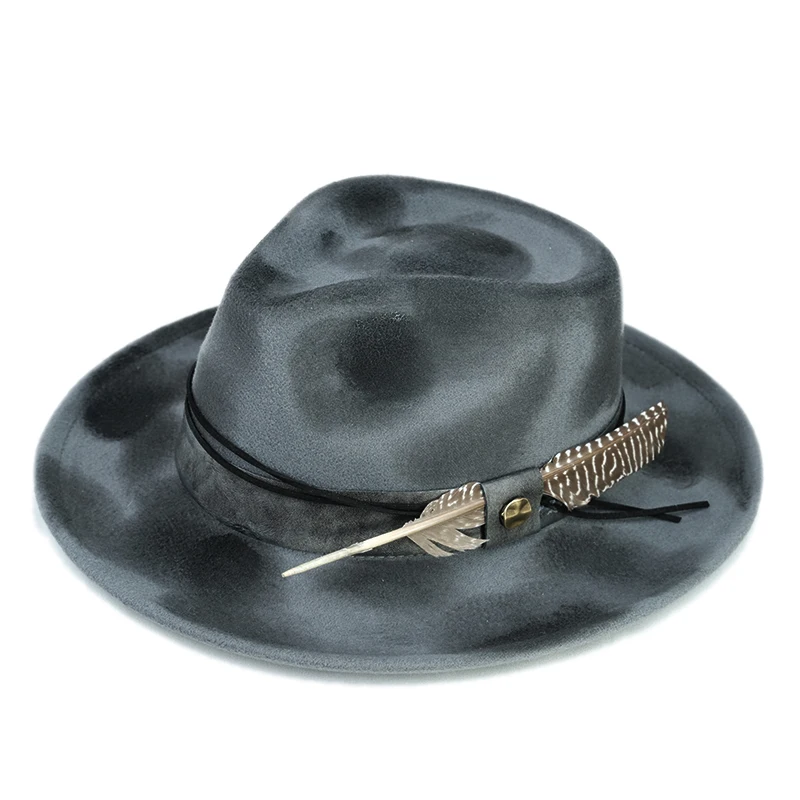 Original Painted Fire Retro Feather Decor Spring  Autumn Winter Warm Women Men Felt Wide Brim Jazz Cap Bowler Hat 55-60cm Adjust