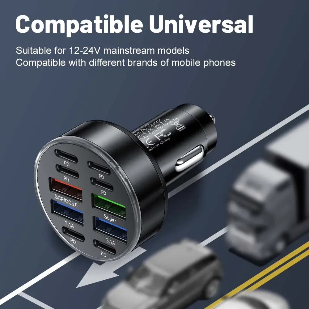 250W 10 Ports Car Charger Fast Charging PD QC3.0 USB C Car Phone Charger Type C Adapter in Car For iPhone Samsung Huawei Xiaomi