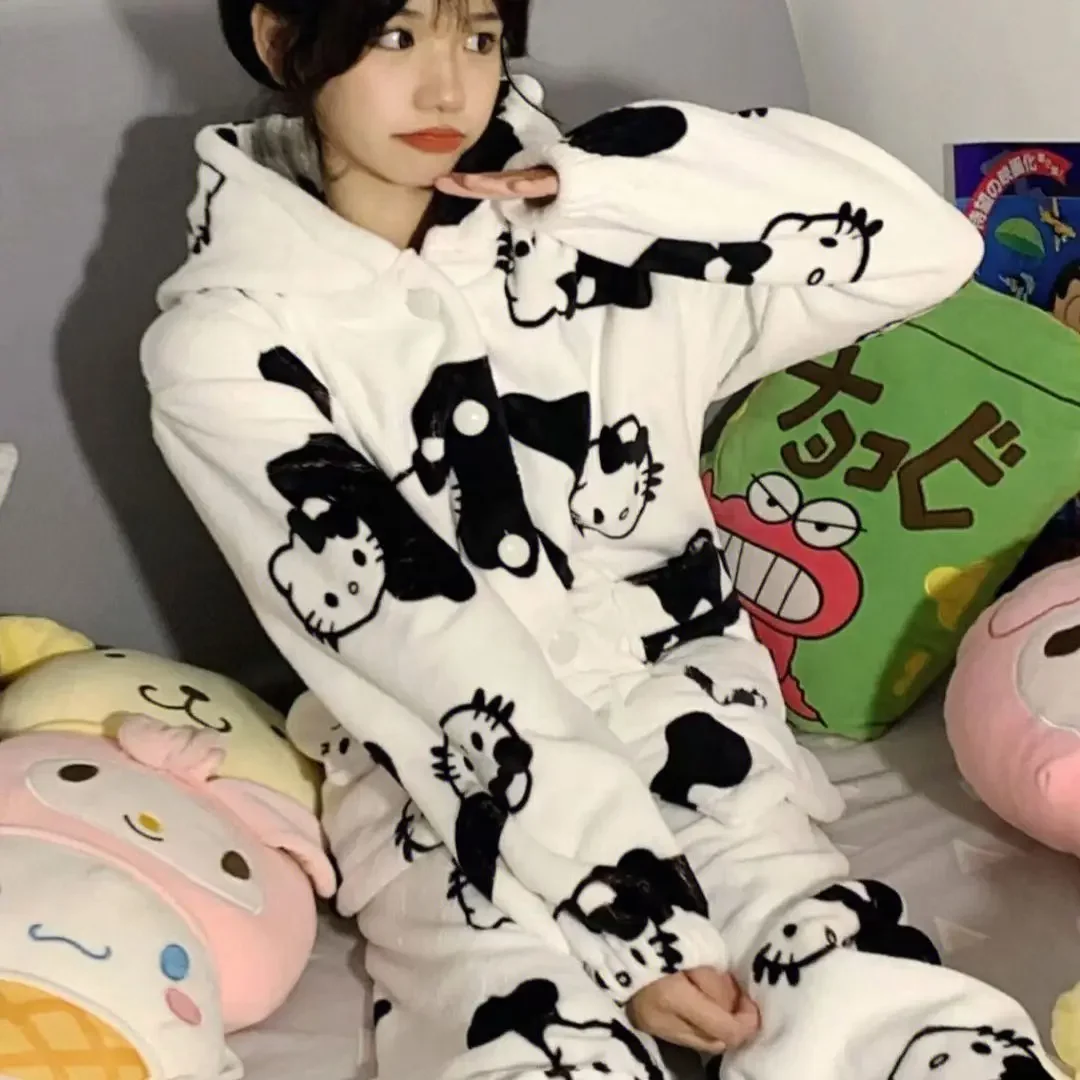 2Pcs Hello Kitty Women Plush Pajamas Set Sanrioed Kawaii Winter Hooded Home Clothes Cute Girl Thicken Tops Pants Cartoon Sweet