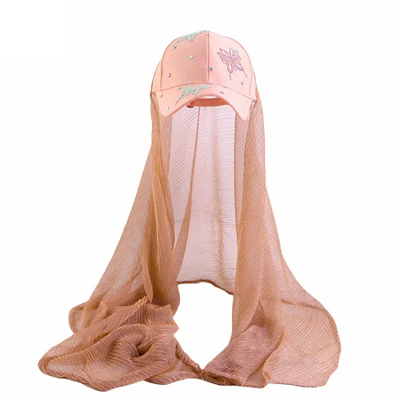 Musilm feminino hijab com base bola boné diamantes borboleta verão esportes boné com hijabs pronto para usar esporte instantâneo hijabs verão