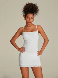 wsevypo Women's Summer Chic White Cami Dress Fairy Sweet Backless Spaghetti Strap Bow Front Mini Bodycon Dress for Party Club