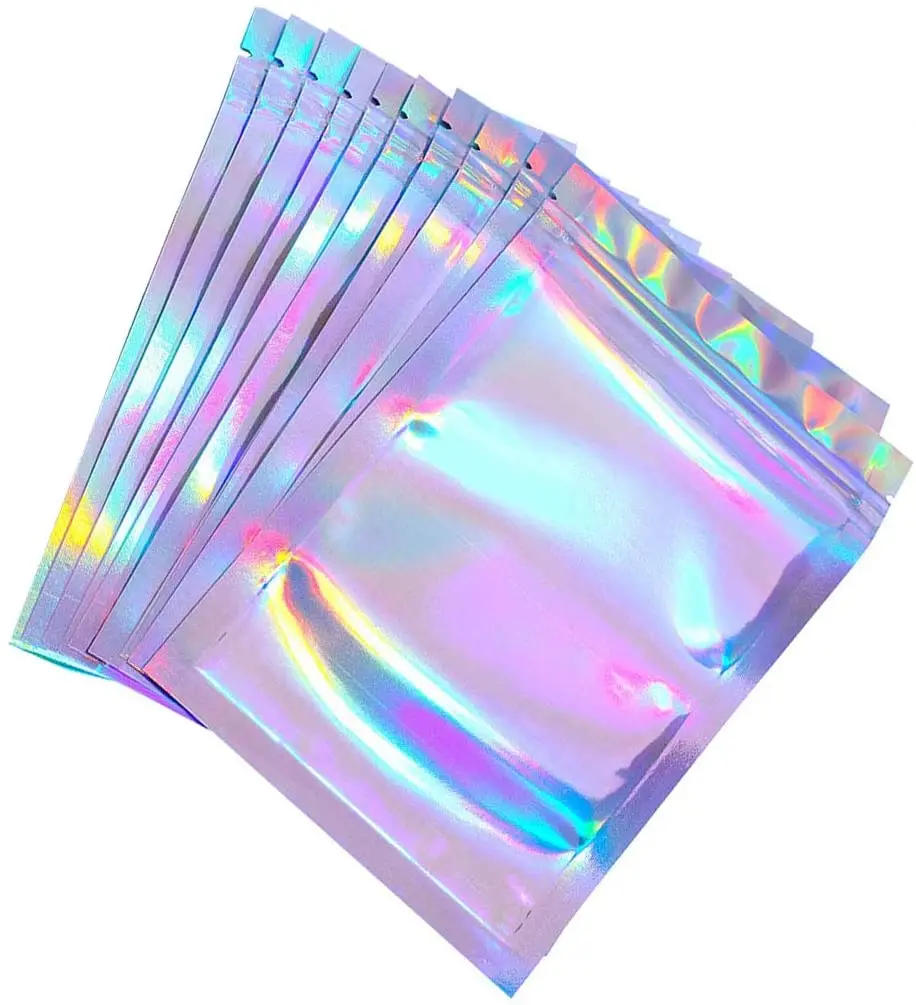 Bolsas de jóias de plástico pequeno a laser, redobrável grosso, rosa holográfico, saco de embalagem com zíper, sacos lisos de jóias cosméticas, 10pcs