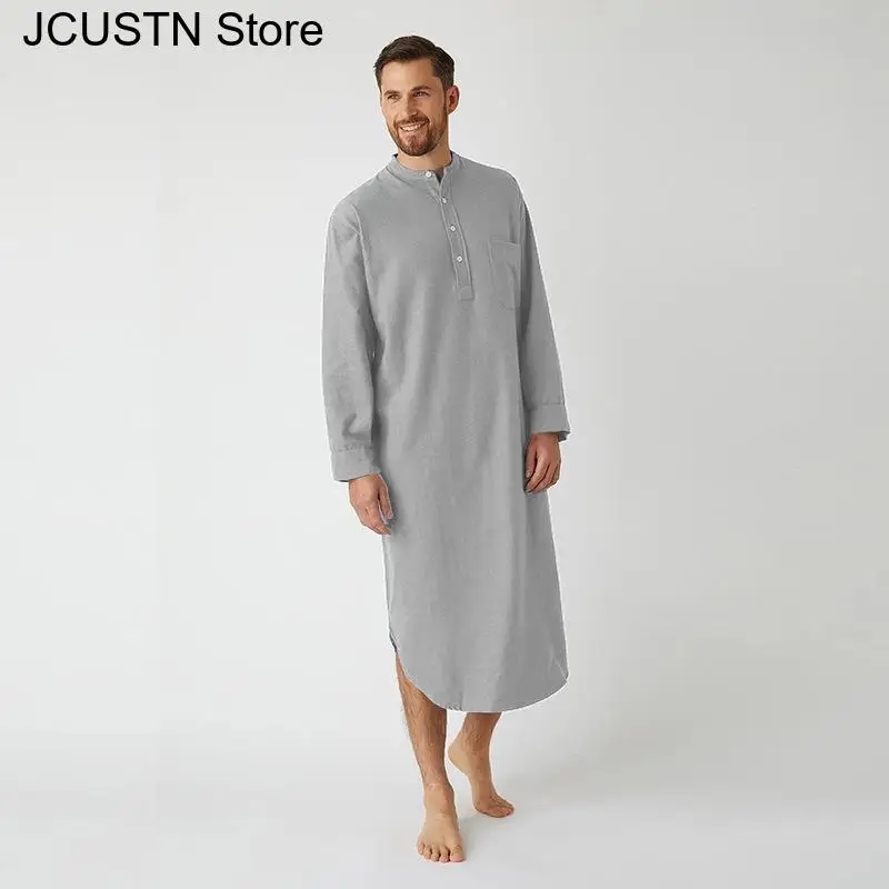 Abito da uomo arabo Indumento in stile nazionale Camicia lunga indiana Camicetta primaverile Abaya Camicia da notte in cotone Tunica araba al ginocchio