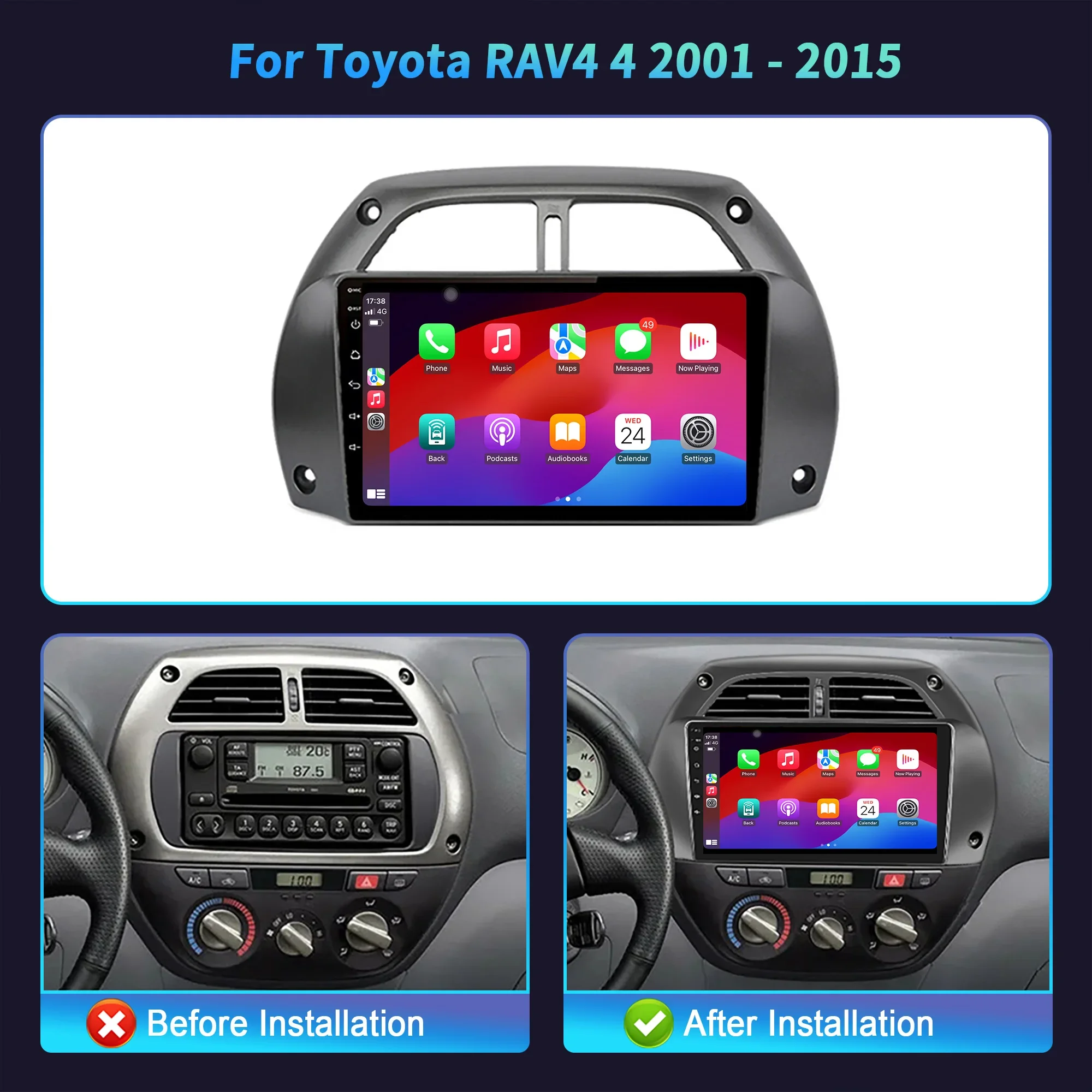 أندرويد 14 راديو السيارة مشغل وسائط متعددة اللمس 2K QLED شاشة لتويوتا RAV4 4 2001 - 2015 اللاسلكية BT CarPlay