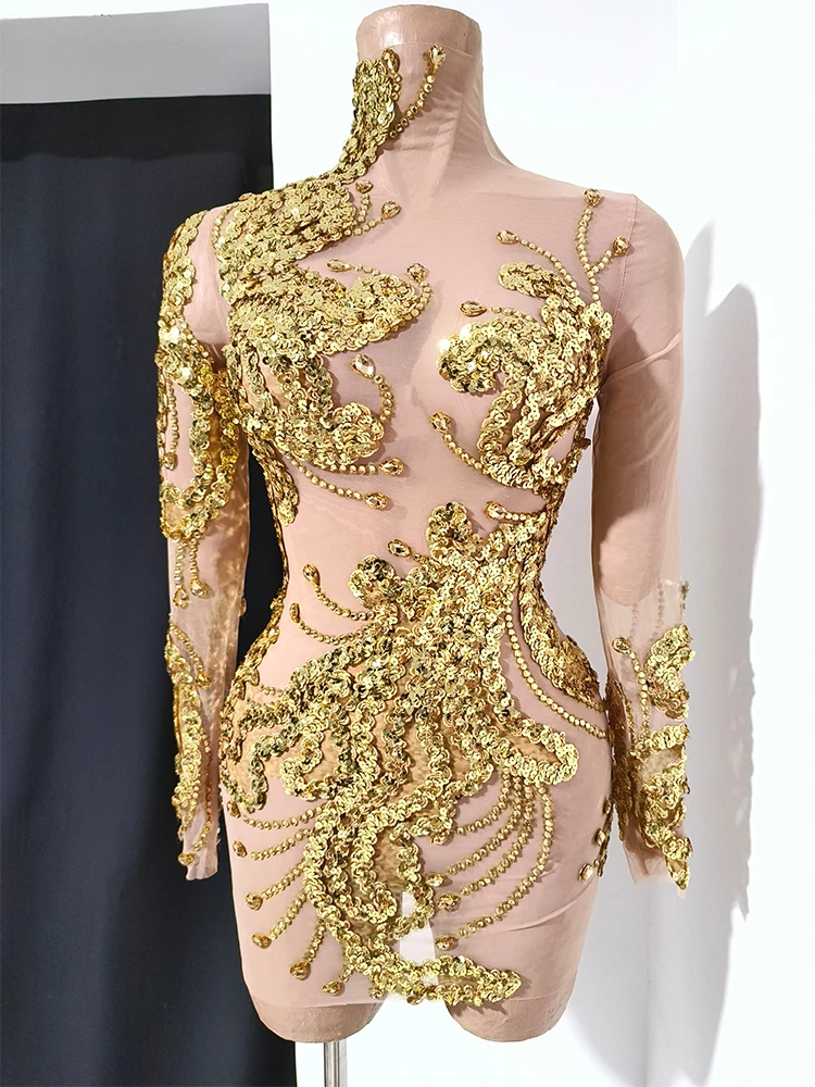 

Дизайнерское золотое блестящее платье с кристаллами и пайетками, сексуальное, сетчатое, прозрачное, для дня рождения, латиноамериканских танцев, для выступлений и праздничных мероприятий