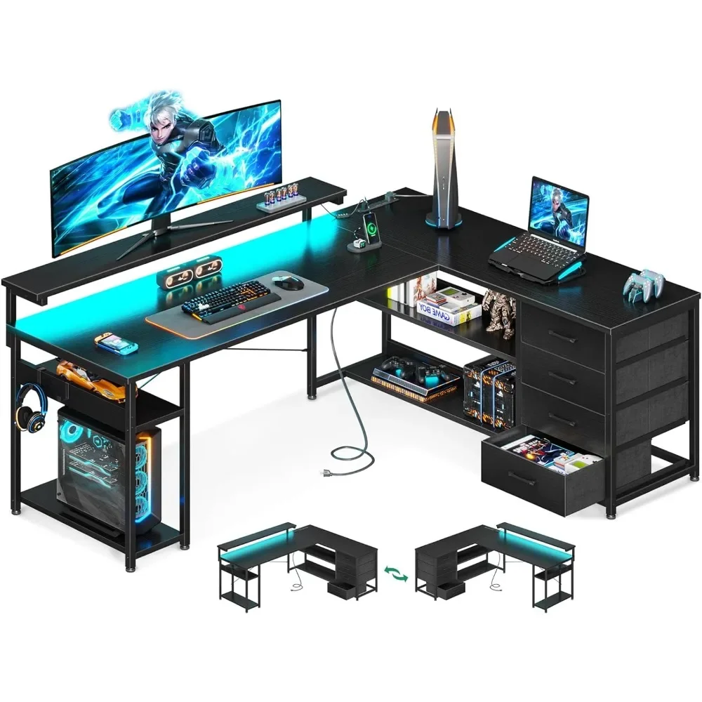 61 "L-shaped Desk with Drawers, Computer Desk with Power Socket and LED Light, Office Desk with Display Rack, Pure Black