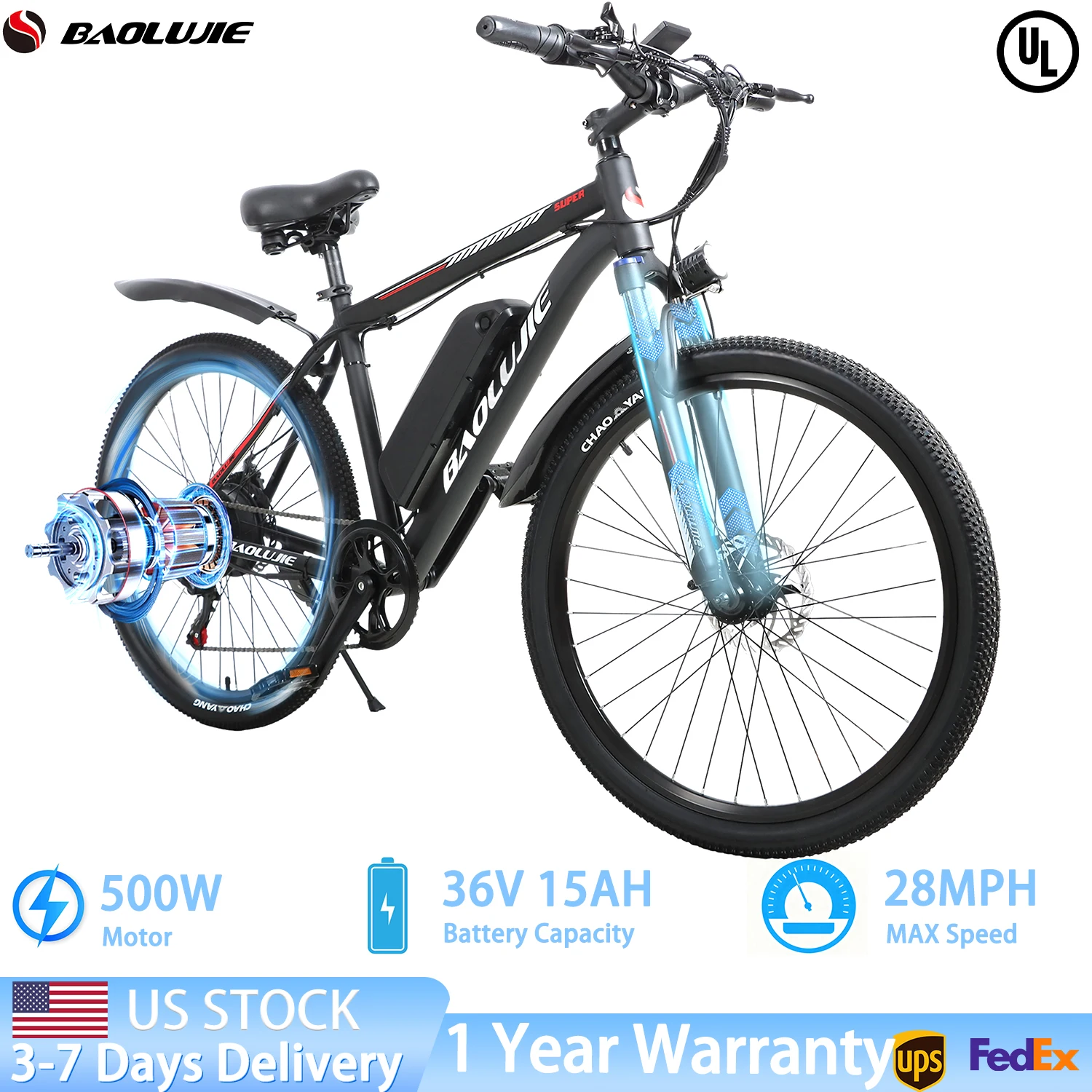 

BAOLUJIE S1 Mountain Electric Bicycle Electric Bike for Adults，1000W 36V 15AH E bike Removable Battery, UL 2849【1 Year Warranty】