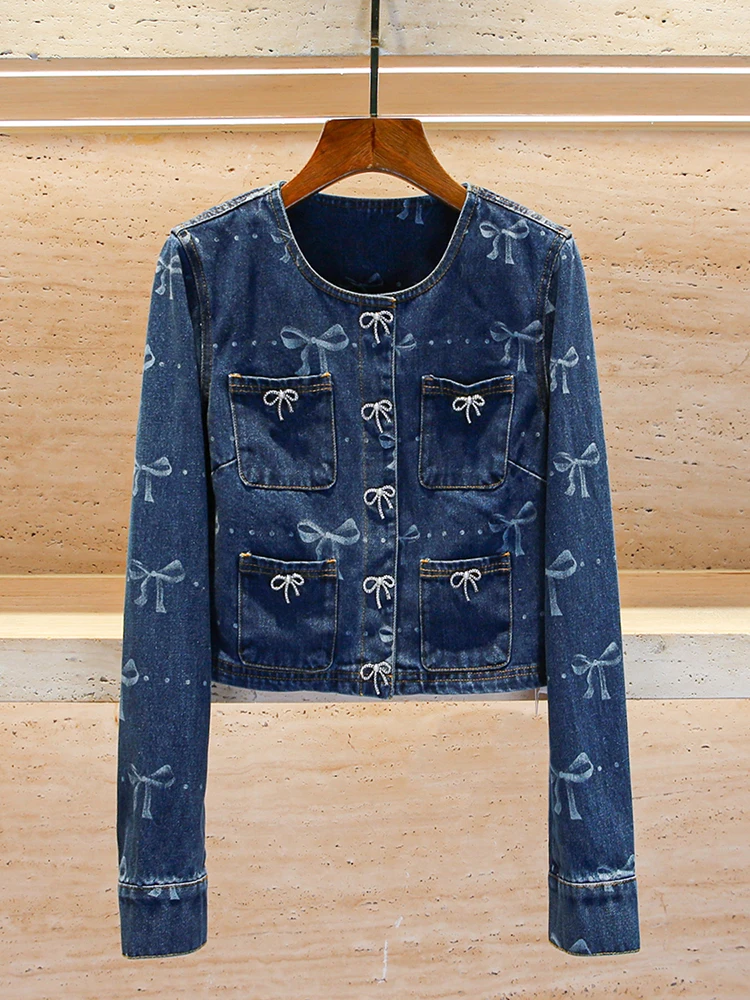 

High-End Women's ort Printed Denim Jaet with Bow Tie + Long Pants Faion Set Polyester Fiber Long Sve round Ne Butt...