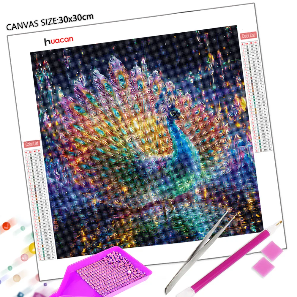 Huacan الطاووس DIY الماس اللوحة الحيوان المطر الماس الفسيفساء جديد 2025 مجموعة كاملة اللوحات الزخرفية