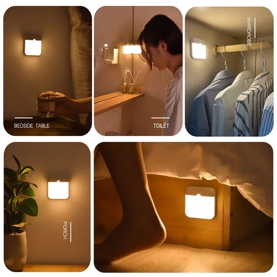 Motion Sensor LED Night Light Infrared Induction Rechargeable Night Lamp Bedroom Kitchen Stairs Hallway Wardrobe Closet Lighting