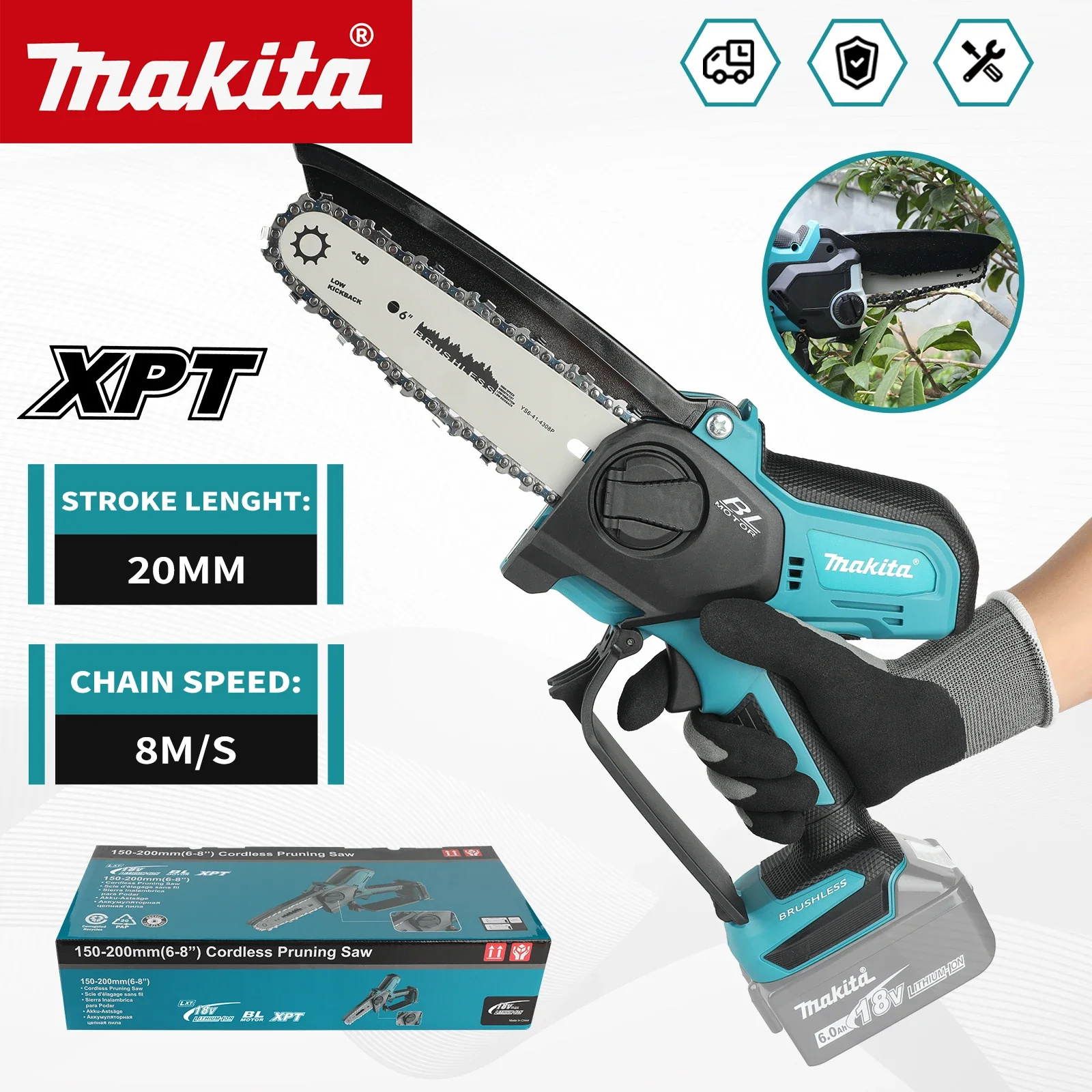 

Электрическая цепная пила Makita 8 дюймов, ручная портативная пила для распиловки древесины, садовый инструмент для обрезки деревьев, работающий от аккумуляторов 18В/20В