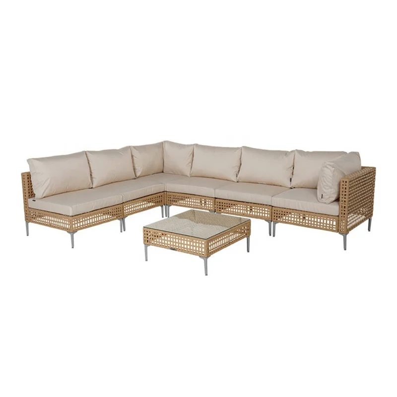 

#L-Shaped Outdoor Wicker Sectional Sofa Set Beige Cushions Orange Pillows Glass Coffee Table Metal Legs Weather Resistant