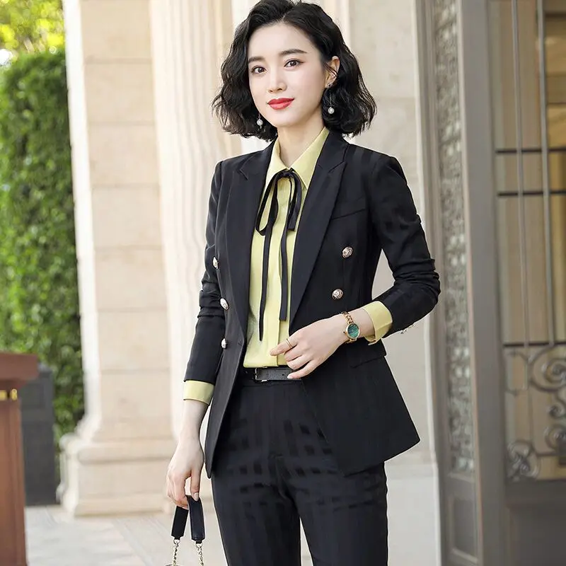 Burgundy Stripe Women's Fashion Office Suits Female Double Breasted Casual Elegant Jacket Pants Work Wear Women Suits Costume