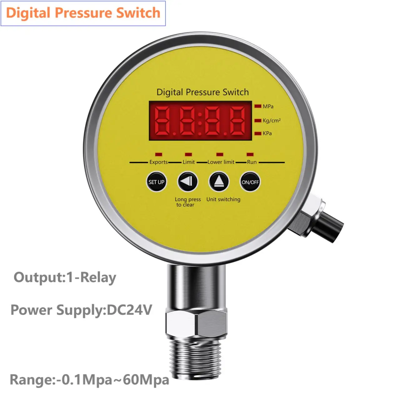 1-Relay Digital Pressure Gauge -0.1-60Mpa 100mm Dial Relay Signal Output DC24V Pressure Switch G1/4 Pressure Controller