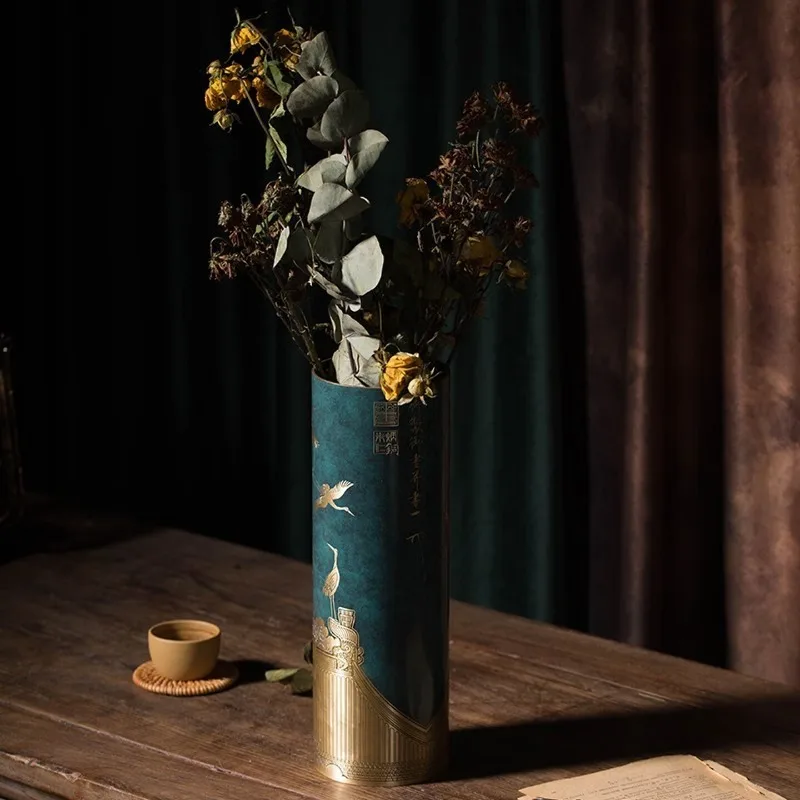 Zhu Bingren Copper Auspicious Crane Harmony Copper Vase Art Craft Ornament For Living Room Entrance Study Home Decor Gift