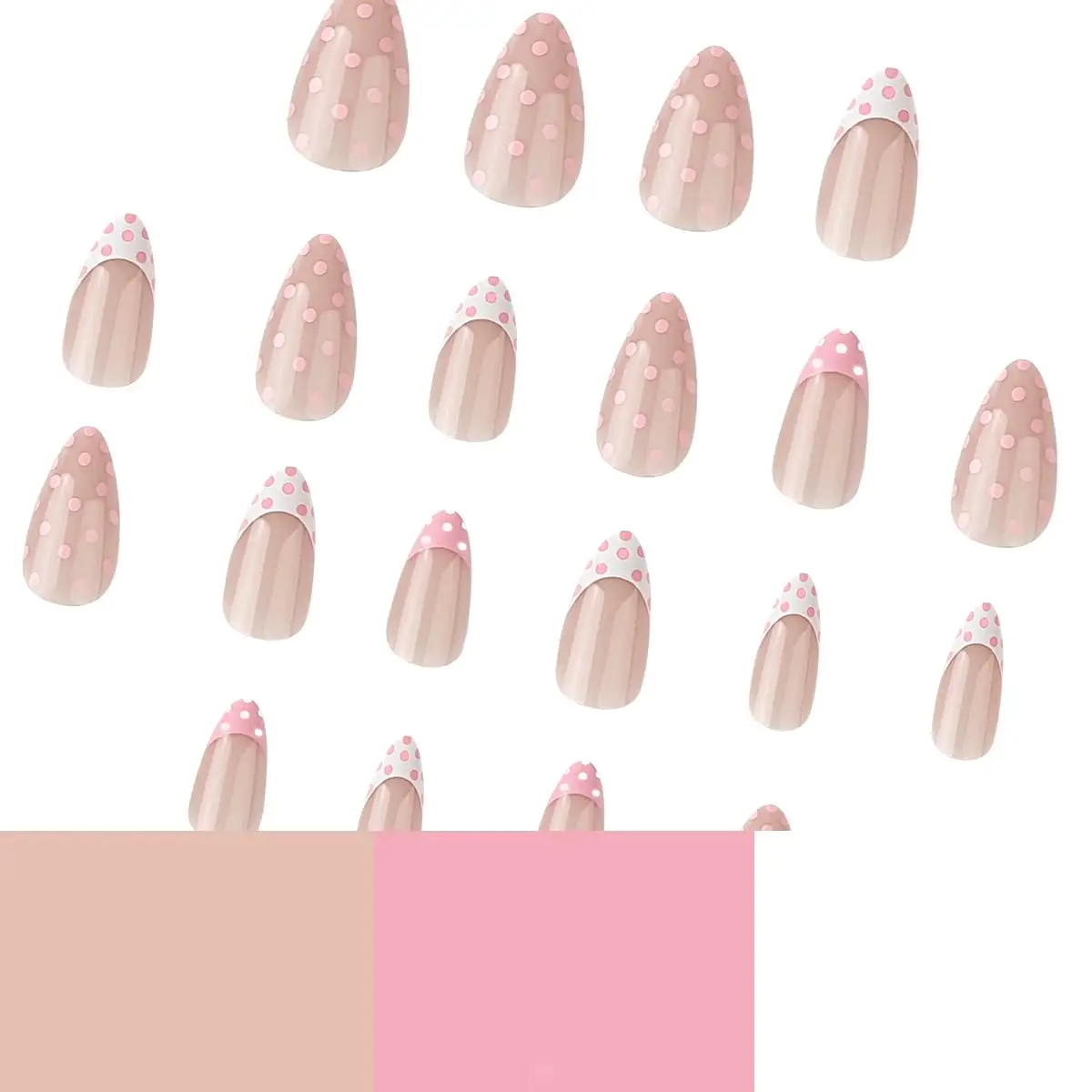 Pink Polka Dot Press on Nails Short Almond Fake Nails French Tip False Nails with Polka Dots Design Reusable Glue on Nails