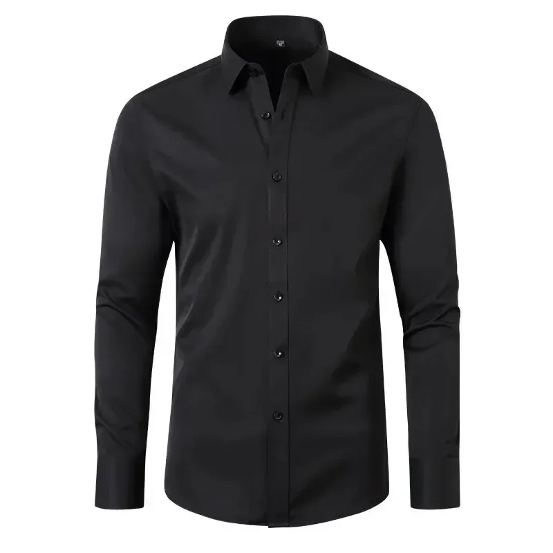 Nueva camisa de manga larga de Color sólido elástica de cuatro lados arrugada fina de primavera y otoño para hombre, camisa sencilla de lujo ligera de negocios, Tops