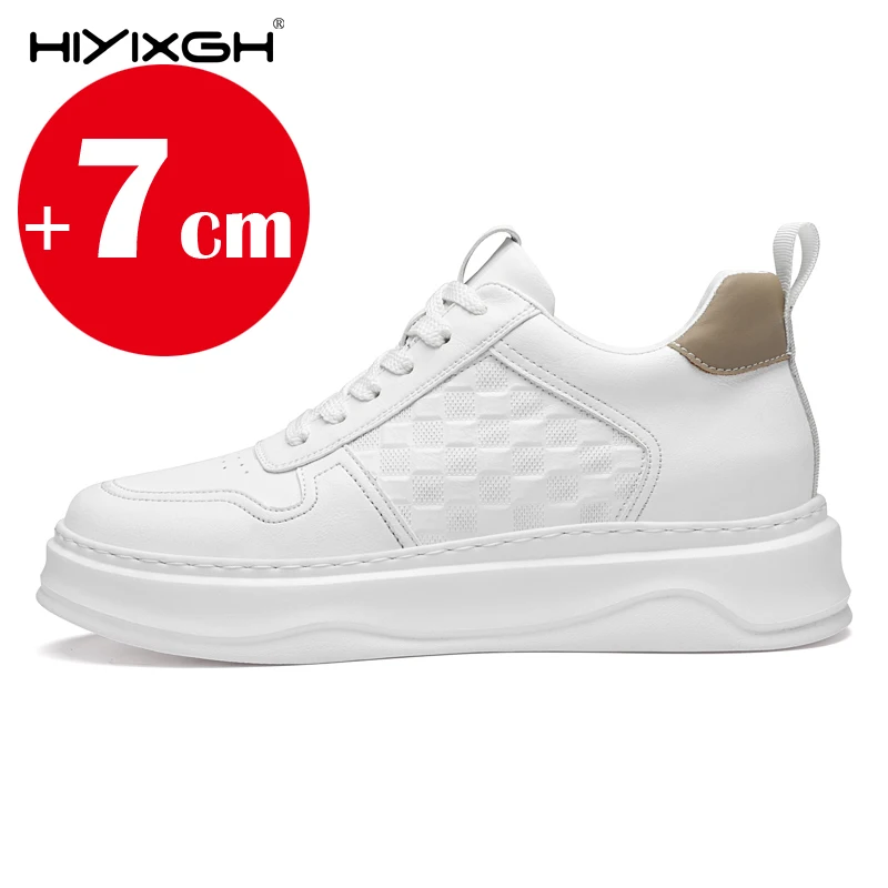 New White Couple's Casual Platform 7cm Height Increase Sneakers Lightweight Thick Sole Youthful & Stylish Elevator Leather Shoes