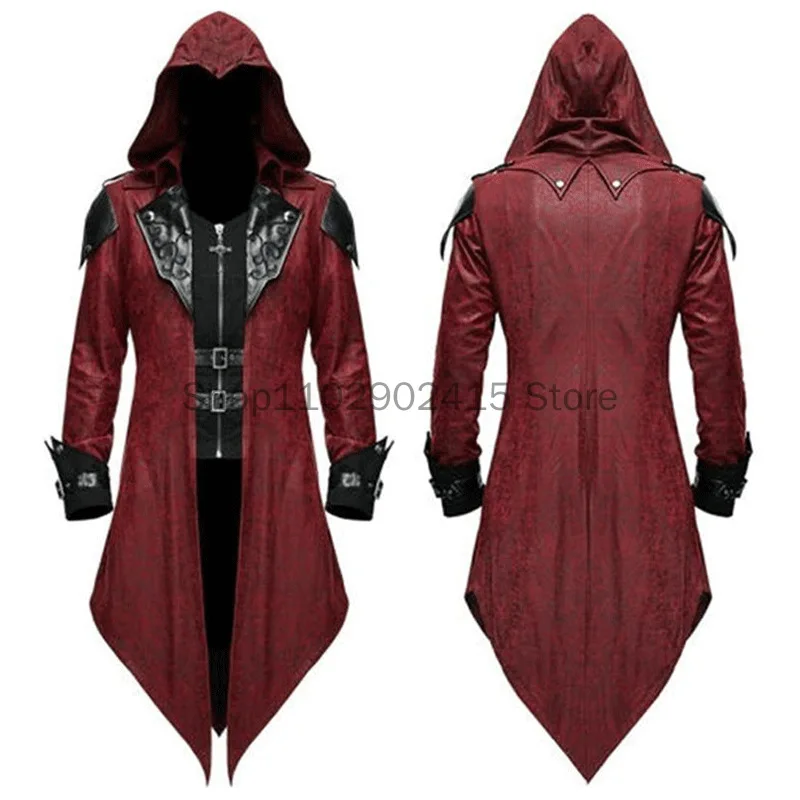 2023 Medieval Men Assassin Cosplay Embroidery Jacket Punk Leather Shoulder Costume Victorian Retro Knight Hooded Tailcoat