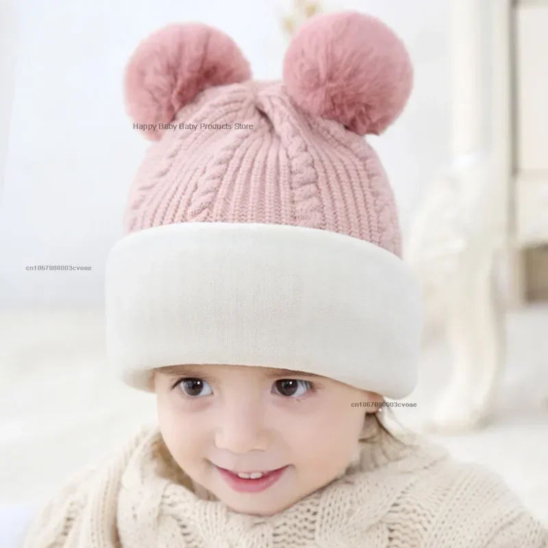 2-5Y Winter Baby Hat Scarf One-Piece Pompom Knit Hat for Kids Warm Neck Ball Cap for Girls Boys Windproof Beanies Infant Cap