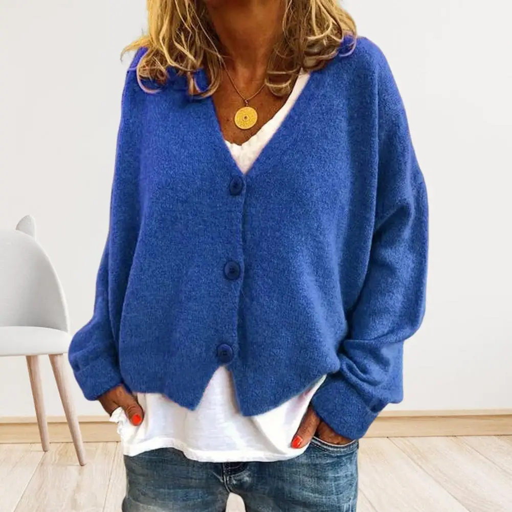 Comfortable Sweater Coat Single Breasted Knitting Sweater Elegant V-neck Knitting Sweater Coat for Women Long Sleeve Solid Color