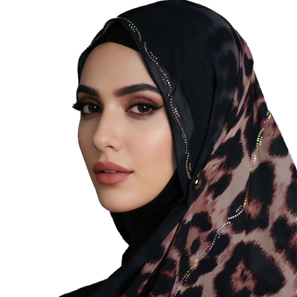

Хиджаб премиум-класса с леопардовым узором — хрустальные акценты на мягком шифоне, дышащая повседневная повязка на голову ​