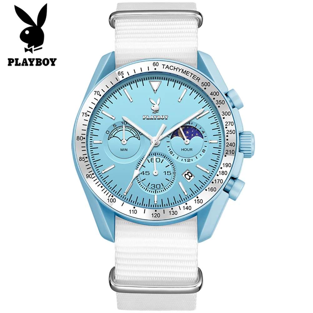 PLAYBOY Unisex Quartz Watches Original Trendy Nylon Webbing Waterproof Chronograph Moon Phase Sports Watches for Men Woman 3508