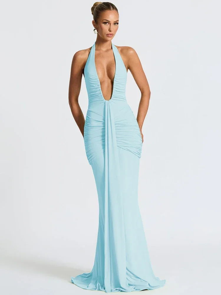 Chaxiaoa Deep V Neck Backless Ruched Sexy Maxi Dress Women Gown Summer Halter Sleeveless Draped Club Party Long Dress 2025