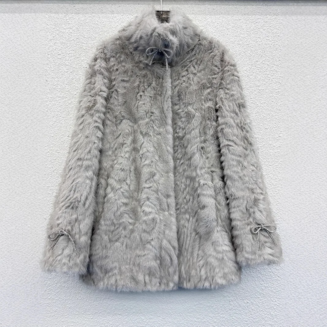 

Женская зимняя шуба из искусственного меха с бантом, пушистый воротник-стойка, однотонная женская куртка из эко-меха, толстая теплая шуба из искусственного меха для женщин