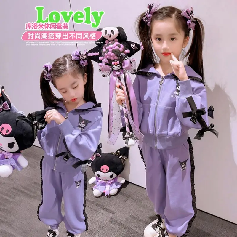 

2024 Kuromi Girls Hoodie Coat Pants Sanrio Kawaii Anime Autumn Cartoon Cute Children Casual Clothes Two-Piece Set Gift for Kids