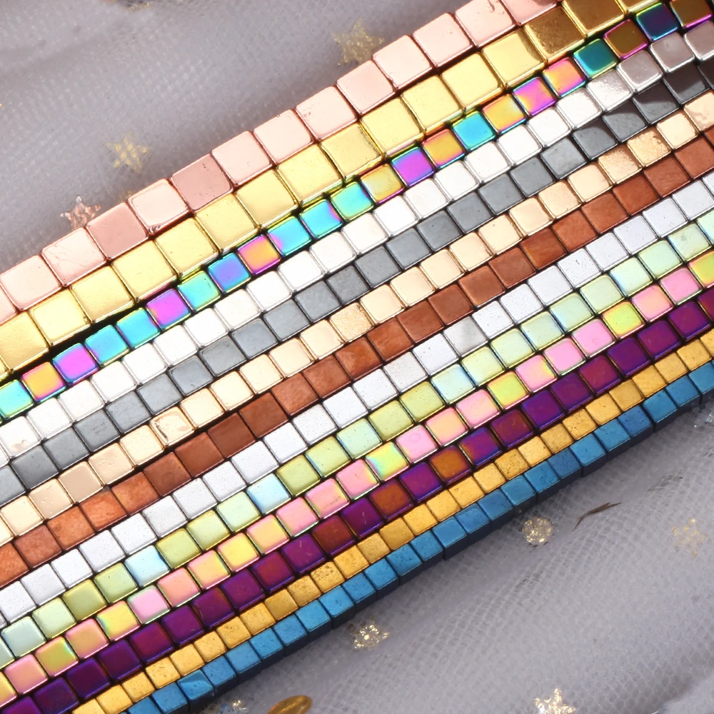 Natural Stone Plating Colorful Cube Shape Square Hematite Loose Spacer Beads for Jewelry Making DIY Bracelet Accessorise 2/3/4mm