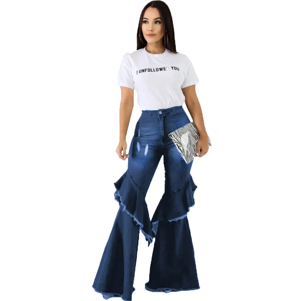 

Fashionable versatile wide-leg ripped stitched denim flared pants wide leg pants jeans women