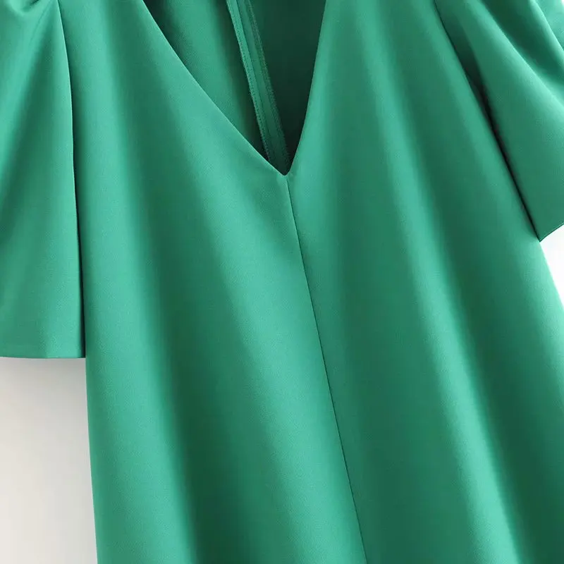 New 2020 women fashion v neck pleats puff sleeve solid green mini dress chic office lady vestidos casual straight dresses DS3681