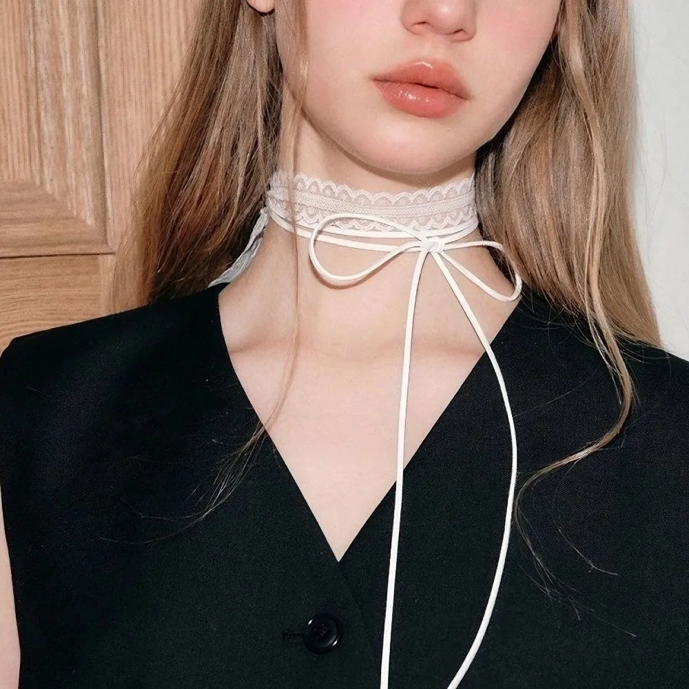 Sweet Lace Clavicle Scarf Thin Mesh Bowknot Ribbon Choker Necklace Gothic Aesthetic Flower Pattern Clavicle Chain Women Summer