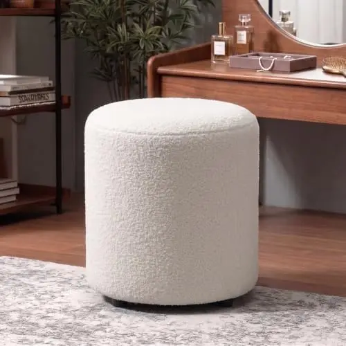 Modern Round Vanity Stool, Small Ottoman, Cute Fabric Foot Stool, Teddy Fleece Footrest, Upholstered Vanity Chair