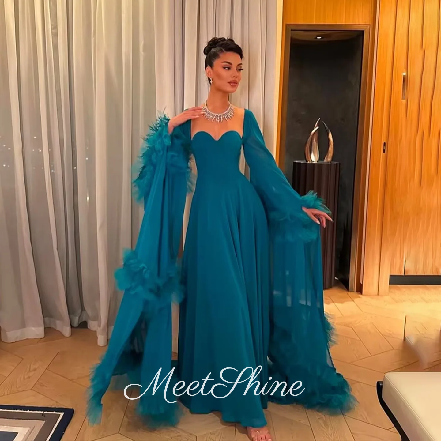 Long Sleeves Prom Dress Woman Sweetheart Fashion Chiffon A-Line Evening Dress Party Gowns Customized Formal Occasion Dress 2025