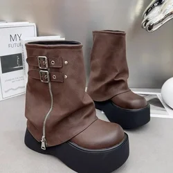 Hot Girl Style Black Brown Round Toe Boots Platform Women Knee High Boots Belt Buckle Slip on Design Side Zipper Knight Boots