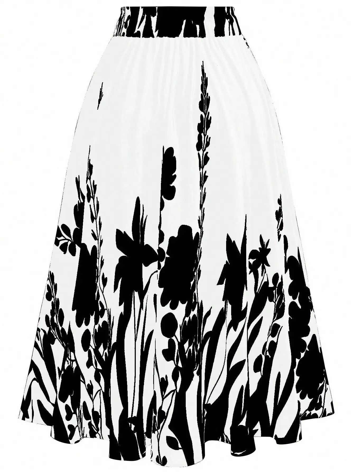 Damen Midirock mit hoher Taille und Blumenmuster – Schwarz-weißer A-Linien-Swingrock mit elastischem Bund für Sommer und Frühling – Detail 3