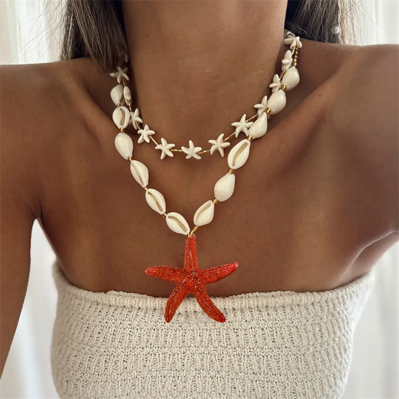 1/2pcs/set Beach Boho Shell Necklace – Textured Strands with Starfish Charms, a Perfect Vacation Gift for Her.