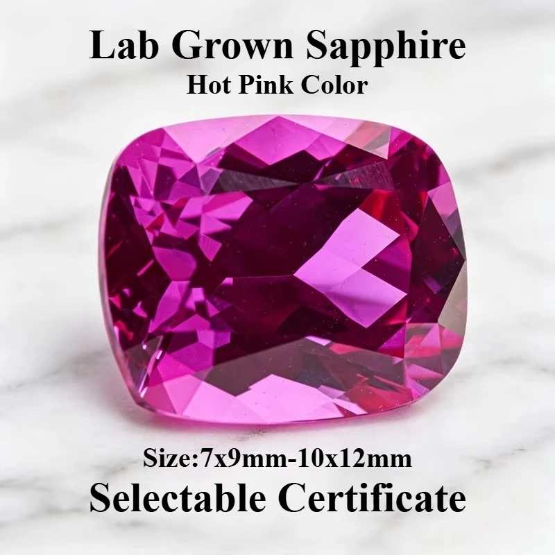Lab Grown Sapphire Hot Pink Color Rectangular Cushion Cut Gemstone for DIY Ring Necklace Earrings Making Selectable Certificate