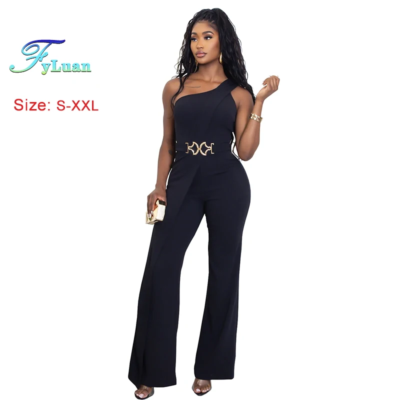 

Elegant Women Clothing Metal Ring Decoration Slanted Shoulder Jumpsuits Temperament Solid Color Slimming Straight-Leg Pants Sets