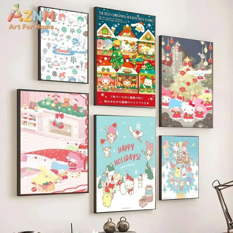 Sanrio Characters Winter River Scene Canvas Wall Art Unframed Canvas Poster Kawaii Xmas Print Kids Room Wall Decor Gift