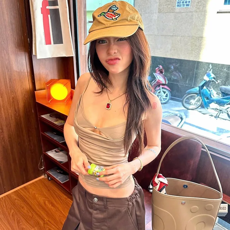 Draped Cowl Neck Double Layer Tank Top Women Elastic Modal Fabric Hollow Out Front Slim Fit Thin Strap Daily Layering Camisole