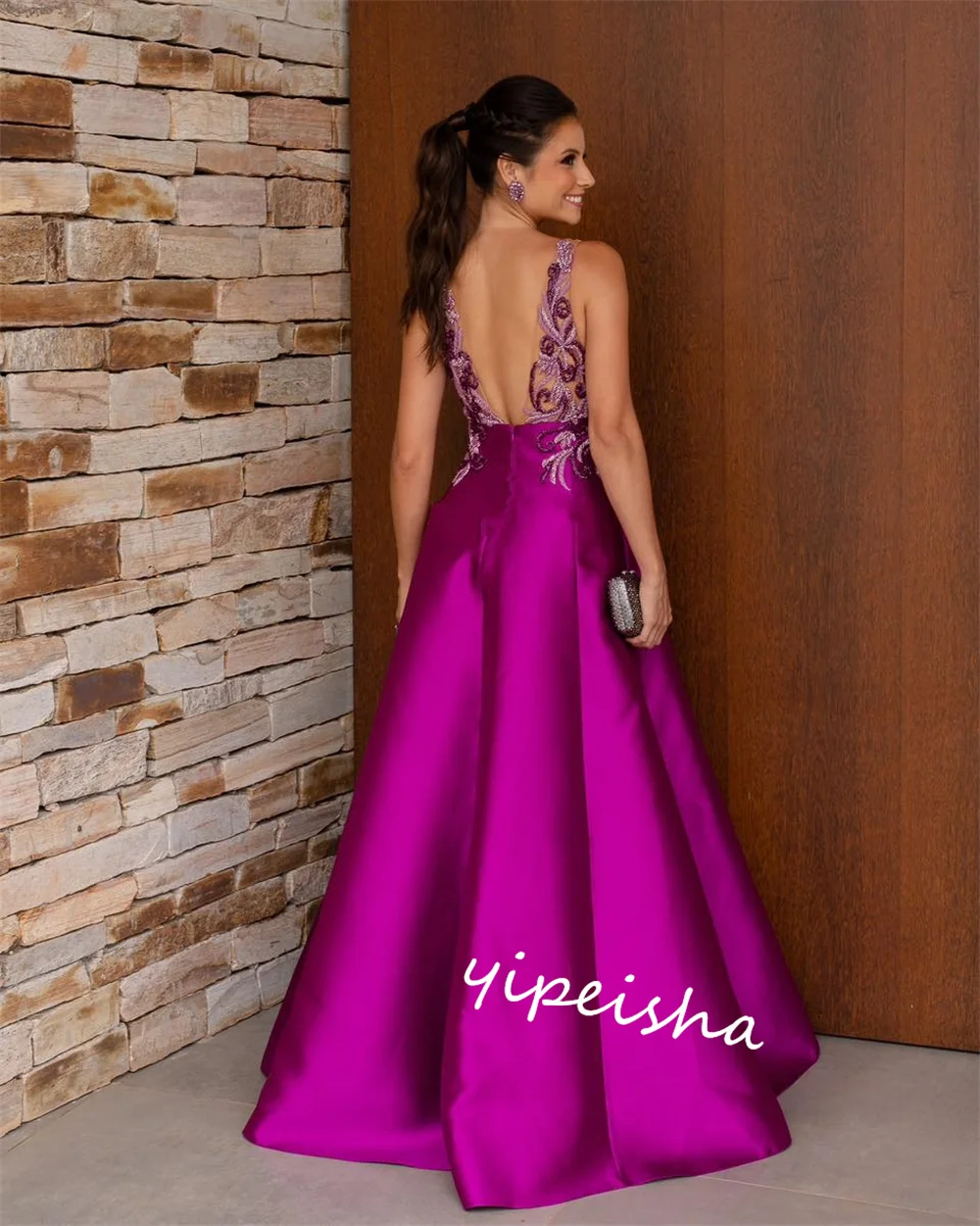 Satin Embroidery Draped Celebrity Ball Gown V-neck Bespoke Occasion  Long Dresses