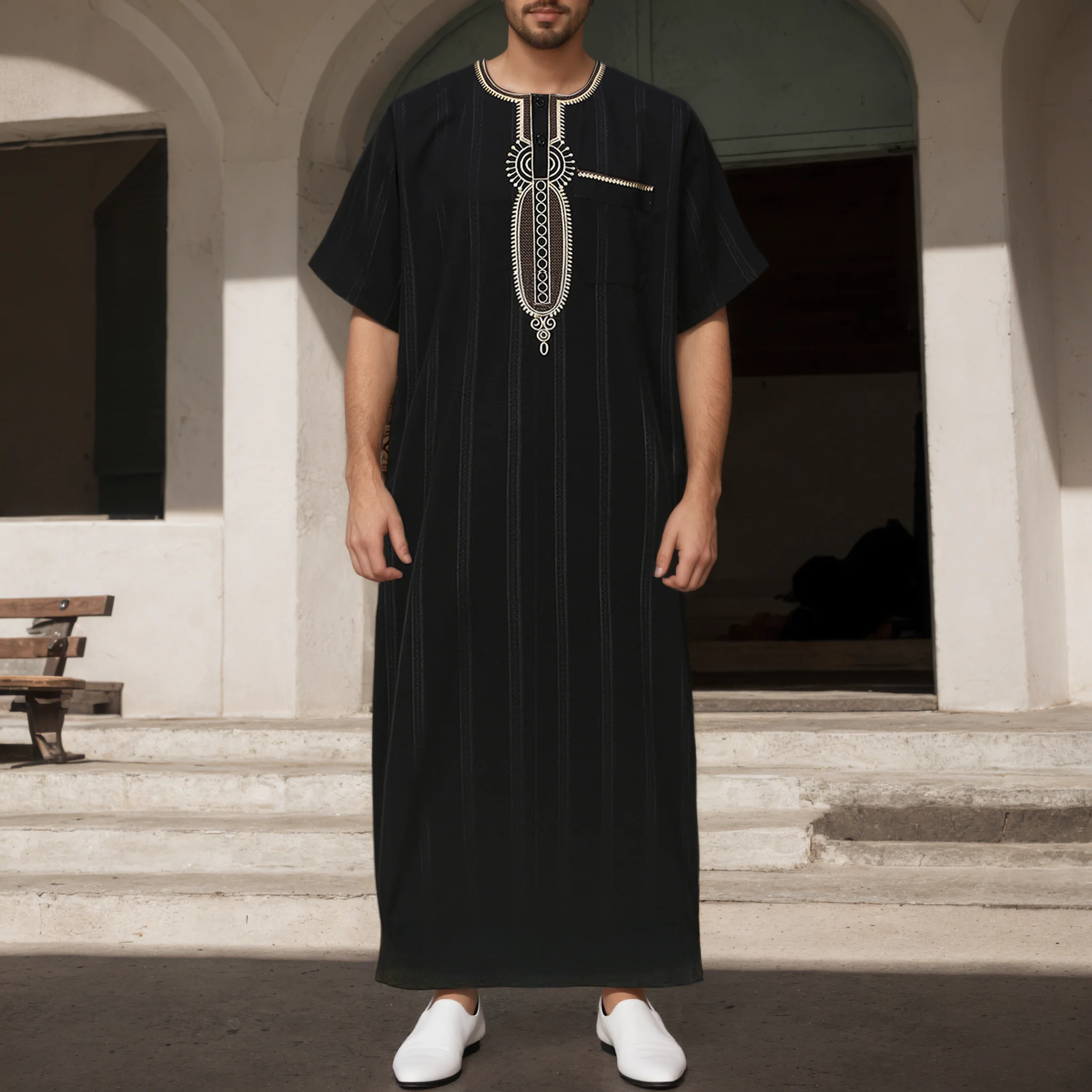 2026 Elegant Retro Muslim Men's Robe Round Neck Loose Festival Clothing Moroccan Style Luxury Simple Design for Men
