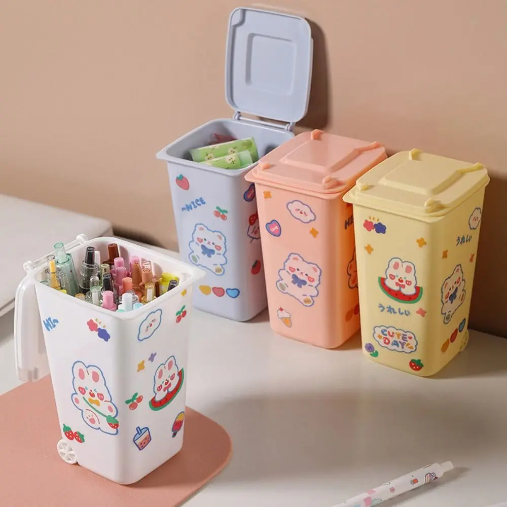 Cartoon Desk Dustbin With Cover Workspace Garbage Storage Box Pen Holder Mini Trash Can Desktop Bin