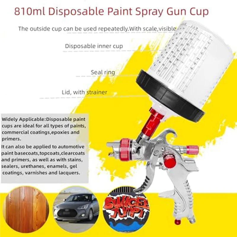 كوب صلب مع مقياس وحامل وغطاء بخاخ رش Gunpaint لنظام ترشيح المسدس الرش، 4 مقابس إغلاق الأكواب