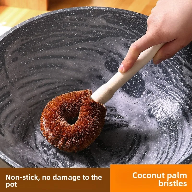 Natural Coconut Coir Pot Brush Long Handle Non Scratch Pan Scrubber Kitchen Cleaning Brush for Home Cooks Wok Cast Iron Cookware